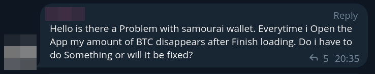 Samourai Wallet Telegram chat message