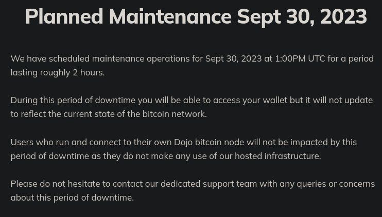 Samourai Wallet scheduled maintenance - Sep 30, 2023
