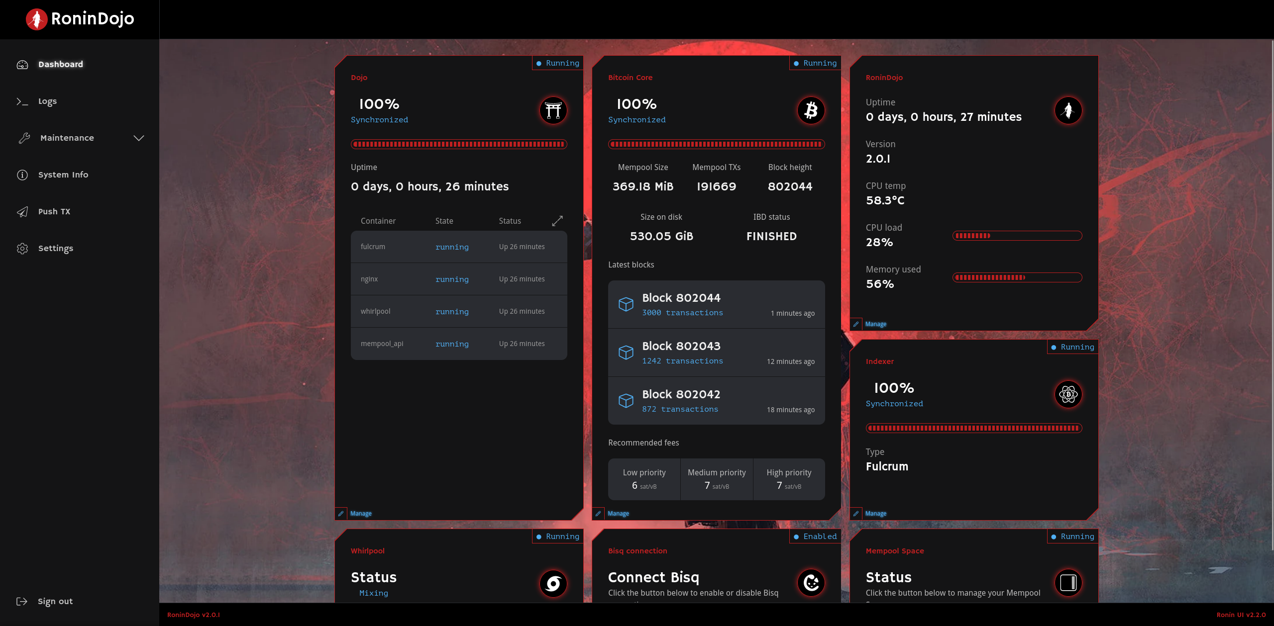 RoninDojo's RoninUI Bitcoin node dashboard GUI