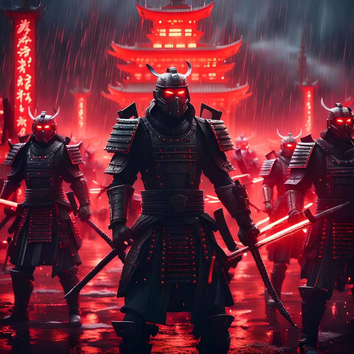 Cyber style samurai warriors ready for battle in the rain